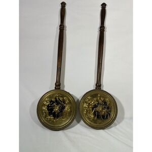 Vintage Brass Bed Warmers Set of 2 with Figural Relief Wood Handles England 29"